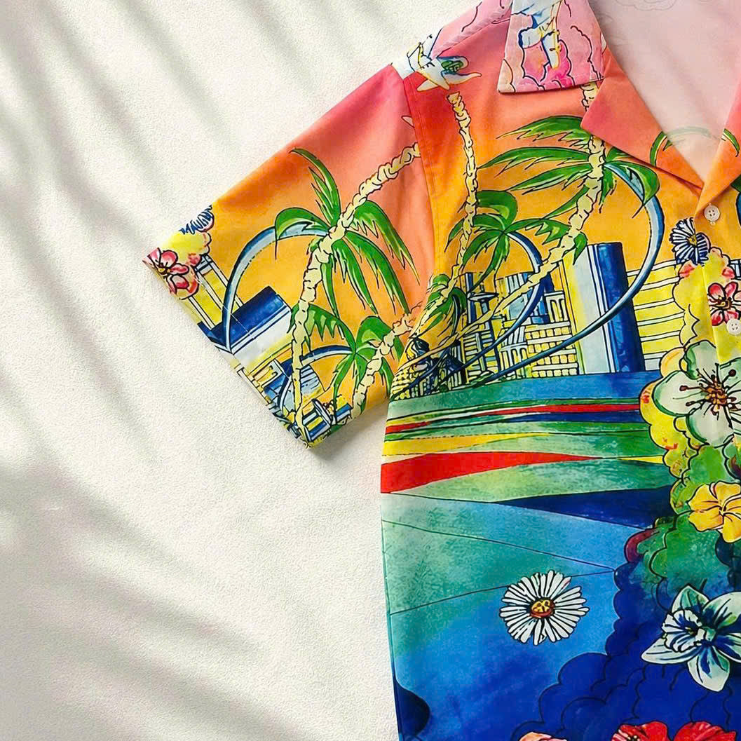 Set Áo Sơ Mi Và Quần Short Lụa Họa Tiết SMRBO-11 BEAVERTEE Form Oversize Unisex Nam Nữ, Thiết Kế Tropical Hoa Lá Cây Dừa Đa Sắc Rực Rỡ, Phong Cách Resort Mùa Hè, Lụa Mềm Mịn Nhẹ Thoáng Mát