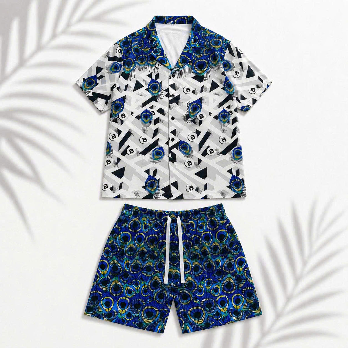 Set Áo Sơ Mi Và Quần Short Lụa Họa Tiết SMRBO-03 BEAVERTEE Form Oversize Unisex Nam Nữ, Thiết Kế Trắng Xanh Đen Họa Tiết Mắt Công Nổi Bật, Lụa Mềm Mịn Nhẹ Thoáng Mát