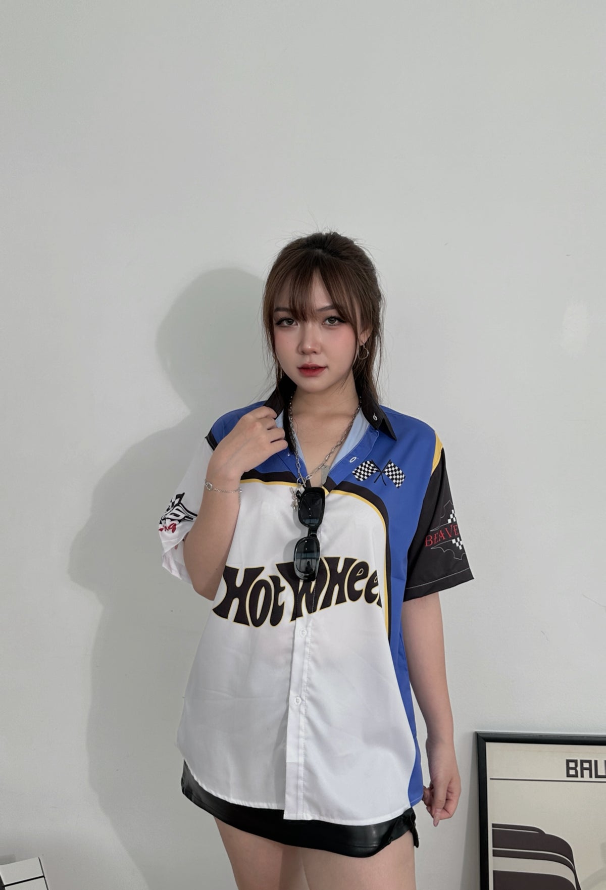 Áo Sơ Mi Phối SMR-45 BEAVERTEE Form Rộng Unisex Nam Nữ, Thiết Kế Phối Xanh Trắng Đen Graphic Hot Wheels Cá Tính, Lụa Hàn Mềm Mịn Thoáng Mát