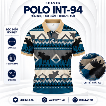 Áo Polo BEAVERTEE INT-94 Nam Nữ, Áo Polo Thể Thao Unisex Họa Tiết Tuần Lộc Phối Thổ Cẩm Xanh Beige, Phong Cách Vintage Cá Tính, Vải Poly Thái Co Giãn Thoáng Mát, Regular Fit