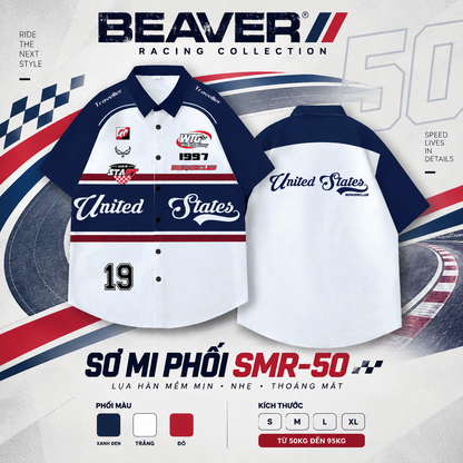 Áo Sơ Mi Phối SMR-50 BEAVERTEE Form Rộng Unisex Nam Nữ, Thiết Kế Phối Xanh Đen Trắng Đỏ Graphic United States Số 19 Cá Tính, Lụa Hàn Mềm Mịn Thoáng Mát