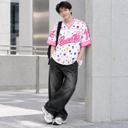 Áo Thun New Jersey BEAVERTEE NJS-25 Nam Nữ, Áo Jersey Thể Thao Unisex Họa Tiết Đá Quý Jewel Trắng Hồng, Phong Cách Streetwear Nổi Bật Dễ Thương, Jersey Thun Lưới Thoáng Khí, Form Boxy Oversize