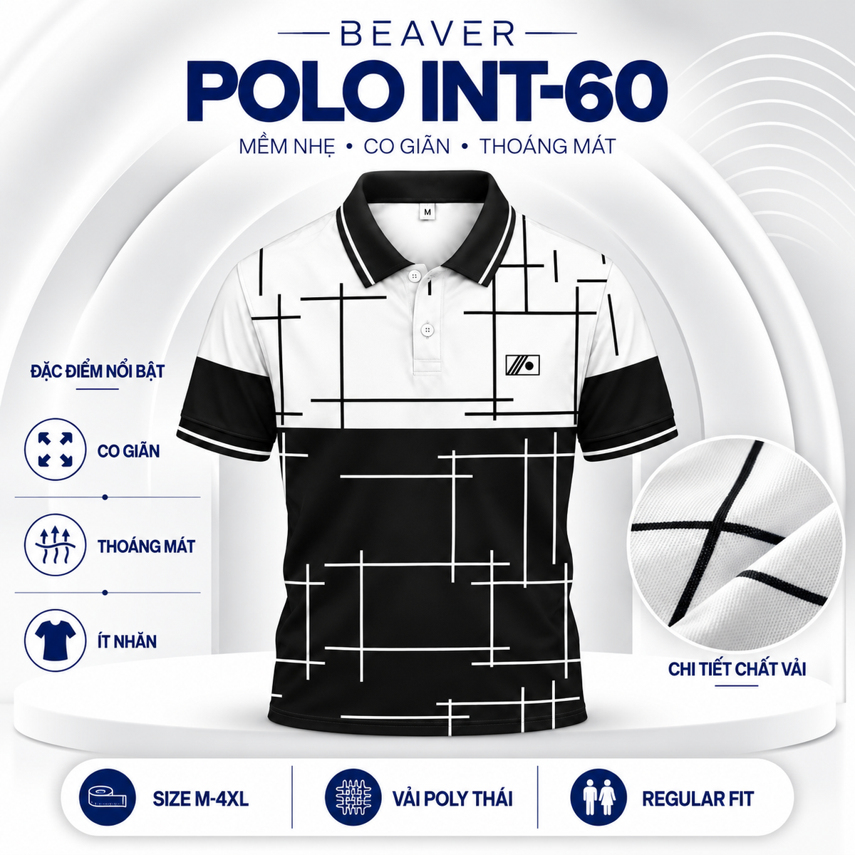 Áo Polo BEAVERTEE INT-60 Nam Nữ, Áo Polo Thể Thao Unisex Phối Màu Trắng Đen Họa Tiết Đường Kẻ Hình Học, Phong Cách Tối Giản Hiện Đại, Vải Poly Thái Co Giãn Thoáng Mát, Regular Fit