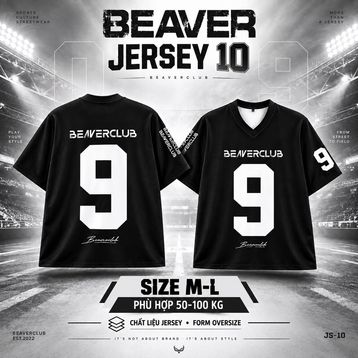 Áo Thun Jersey JS-10 BEAVERTEE Form Rộng Nam Nữ Cổ Tim, Thiết Kế Đen Trắng Số 9 BEAVERCLUB Phong Cách Thể Thao Top Sport Streetwear Cá Tính, Mềm Nhẹ Thoáng Mát