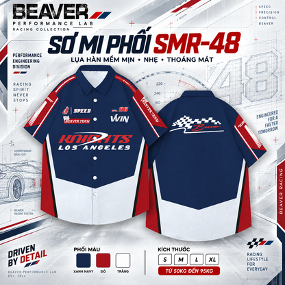 Áo Sơ Mi Phối SMR-48 BEAVERTEE Form Rộng Unisex Nam Nữ, Thiết Kế Phối Xanh Navy Đỏ Trắng Graphic 98 Los Angeles Cá Tính, Lụa Hàn Mềm Mịn Thoáng Mát