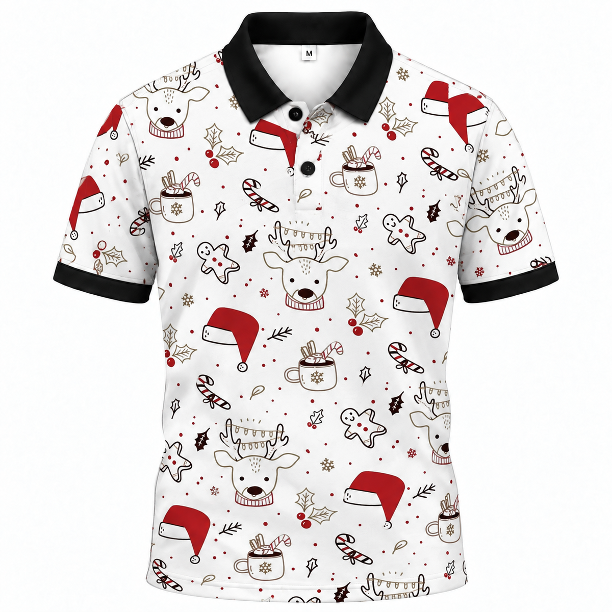 Áo Polo BEAVERTEE INT-24 Nam Nữ, Áo Polo Thể Thao Unisex Họa Tiết Giáng Sinh Tuần Lộc Mũ Noel Kẹo Gậy Trên Nền Trắng, Phong Cách Christmas Trẻ Trung, Vải Poly Thái Co Giãn Thoáng Mát, Regular Fit