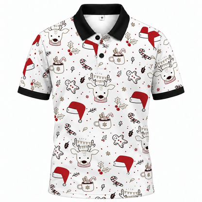 Áo Polo BEAVERTEE INT-24 Nam Nữ, Áo Polo Thể Thao Unisex Họa Tiết Giáng Sinh Tuần Lộc Mũ Noel Kẹo Gậy Trên Nền Trắng, Phong Cách Christmas Trẻ Trung, Vải Poly Thái Co Giãn Thoáng Mát, Regular Fit
