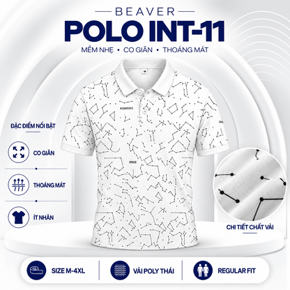 Áo Polo BEAVERTEE INT-11 Nam Nữ, Áo Polo Thể Thao Unisex Họa Tiết Chòm Sao Đen Trên Nền Trắng, Phong Cách Tối Giản Hiện Đại, Vải Poly Thái Co Giãn Thoáng Mát, Regular Fit