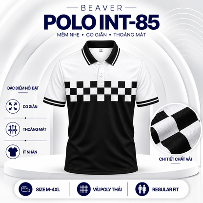 Áo Polo BEAVERTEE INT-85 Nam Nữ, Áo Polo Thể Thao Unisex Phối Trắng Đen Họa Tiết Caro Bàn Cờ, Phong Cách Tối Giản Cá Tính, Vải Poly Thái Co Giãn Thoáng Mát, Regular Fit