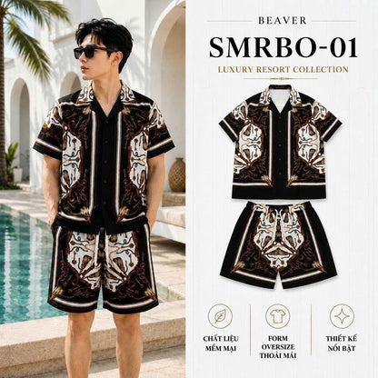 Set Áo Sơ Mi Và Quần Short Lụa Họa Tiết SMRBO-01 BEAVERTEE Form Oversize Unisex Nam Nữ, Phong Cách Thời Trang Thường Ngày, Chất Vải Lụa Mềm Mịn Thoáng Mát Thấm Hút Thoải Mái