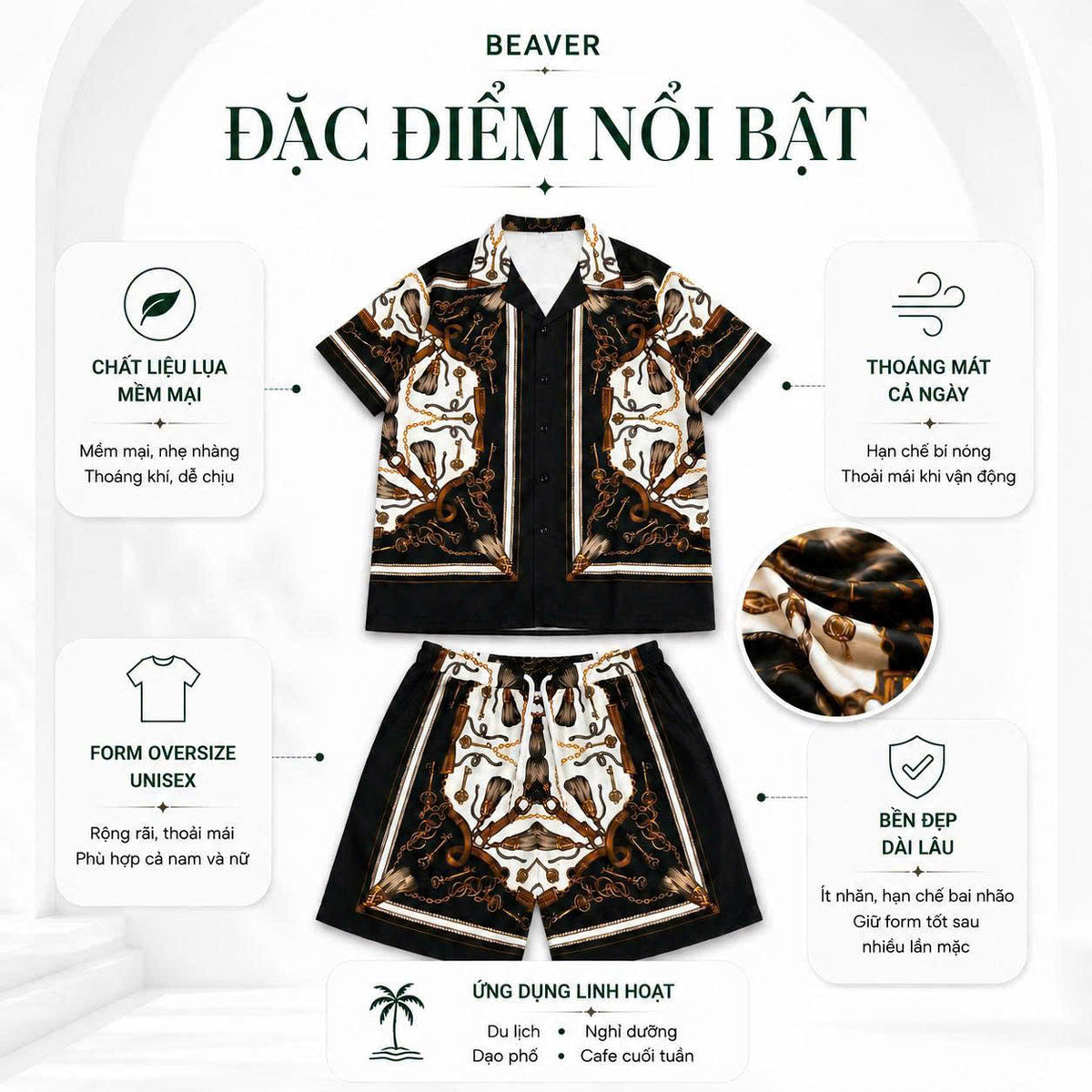 Set Áo Sơ Mi Và Quần Short Lụa Họa Tiết SMRBO-01 BEAVERTEE Form Oversize Unisex Nam Nữ, Phong Cách Thời Trang Thường Ngày, Chất Vải Lụa Mềm Mịn Thoáng Mát Thấm Hút Thoải Mái