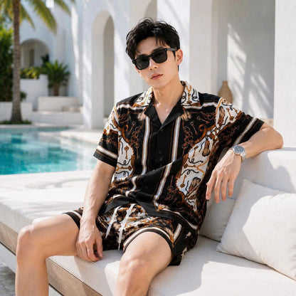 Set Áo Sơ Mi Và Quần Short Lụa Họa Tiết SMRBO-01 BEAVERTEE Form Oversize Unisex Nam Nữ, Phong Cách Thời Trang Thường Ngày, Chất Vải Lụa Mềm Mịn Thoáng Mát Thấm Hút Thoải Mái
