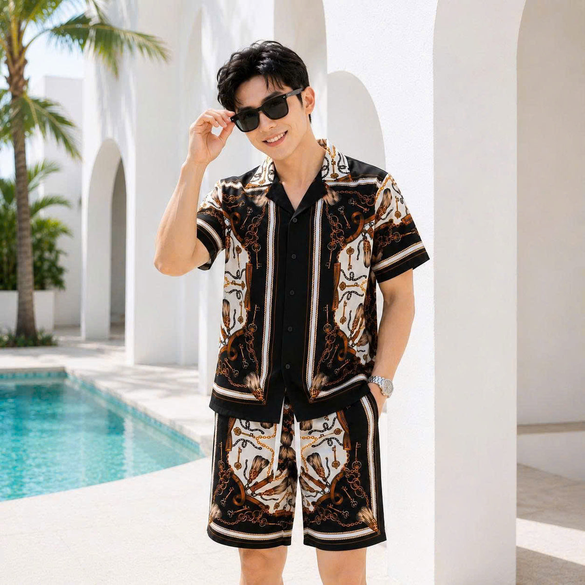 Set Áo Sơ Mi Và Quần Short Lụa Họa Tiết SMRBO-01 BEAVERTEE Form Oversize Unisex Nam Nữ, Phong Cách Thời Trang Thường Ngày, Chất Vải Lụa Mềm Mịn Thoáng Mát Thấm Hút Thoải Mái