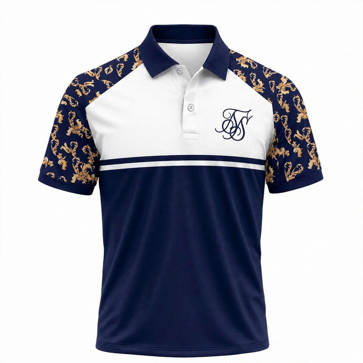 Áo Polo INT-80 Họa Tiết Hoa Văn Hoàng Gia – Áo Polo Nam/Nữ Cổ Bẻ Phối Xanh Navy Trắng Sang Trọng, Vải Poly Thái Co Giãn Thoáng Mát