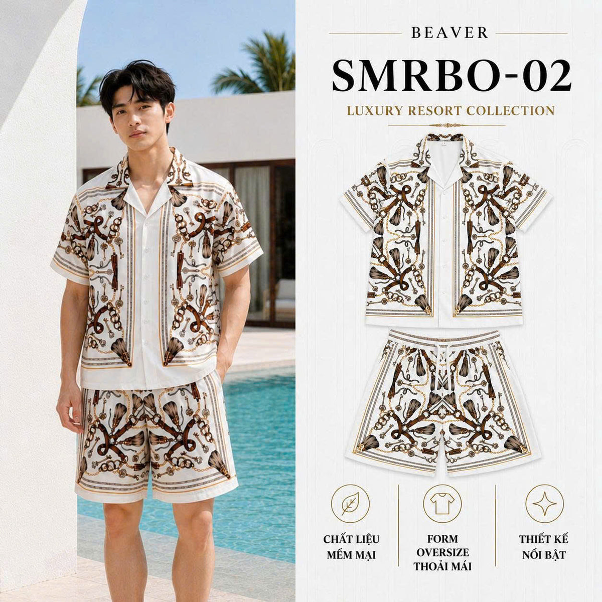 Set Áo Sơ Mi Và Quần Short Lụa Họa Tiết SMRBO-02 BEAVERTEE Form Oversize Unisex Nam Nữ, Thiết Kế Trắng Nâu Họa Tiết Dây Xích Chìa Khóa Cá Tính, Lụa Mềm Mịn Thoáng Mát