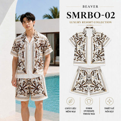 Set Áo Sơ Mi Và Quần Short Lụa Họa Tiết SMRBO-02 BEAVERTEE Form Oversize Unisex Nam Nữ, Thiết Kế Trắng Nâu Họa Tiết Dây Xích Chìa Khóa Cá Tính, Lụa Mềm Mịn Thoáng Mát