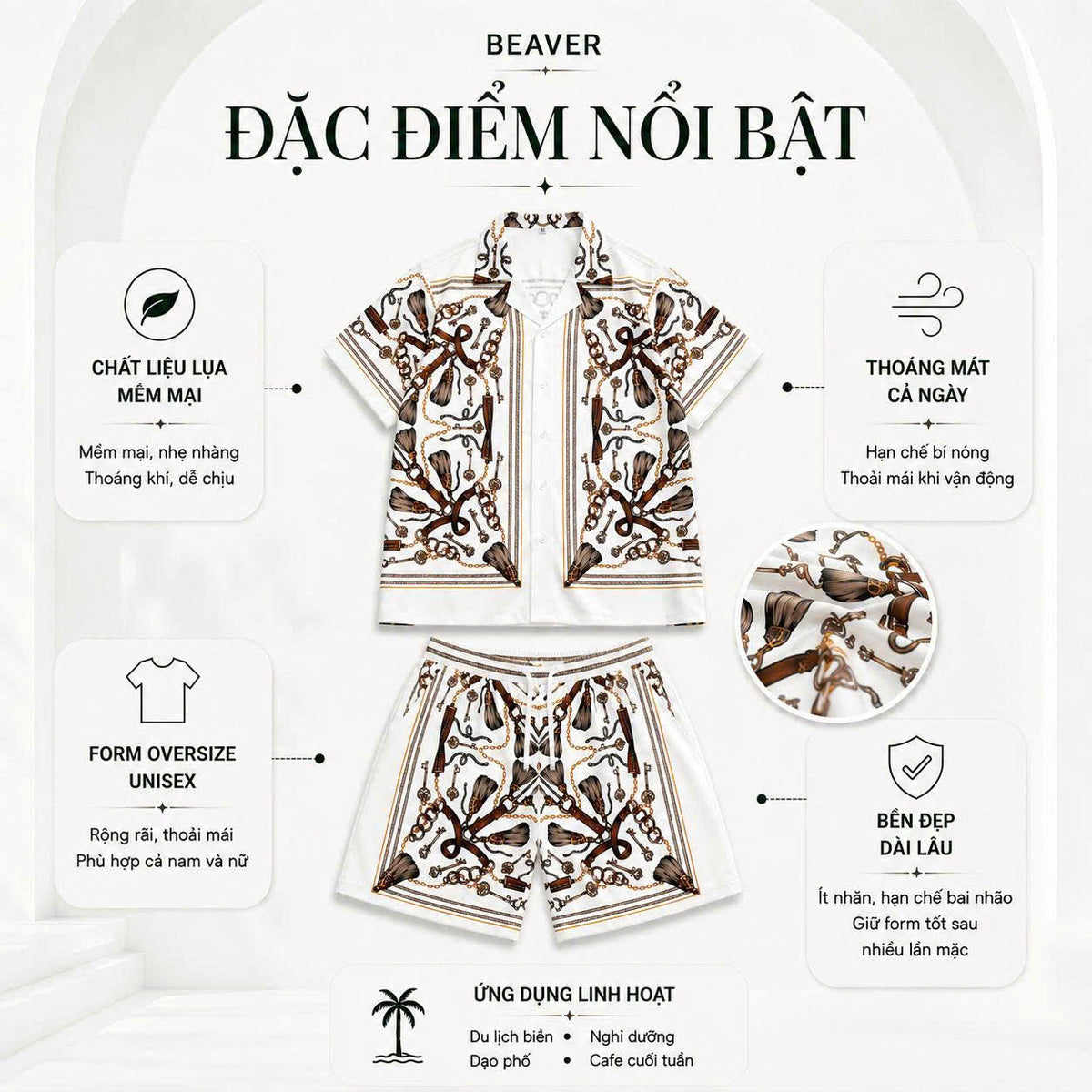Set Áo Sơ Mi Và Quần Short Lụa Họa Tiết SMRBO-02 BEAVERTEE Form Oversize Unisex Nam Nữ, Thiết Kế Trắng Nâu Họa Tiết Dây Xích Chìa Khóa Cá Tính, Lụa Mềm Mịn Thoáng Mát