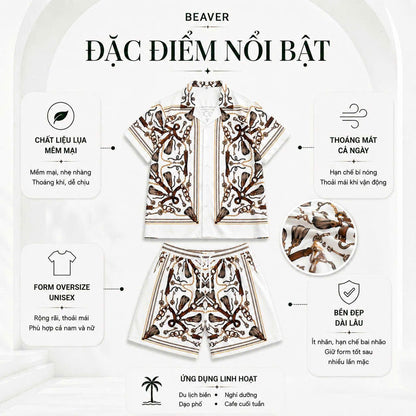 Set Áo Sơ Mi Và Quần Short Lụa Họa Tiết SMRBO-02 BEAVERTEE Form Oversize Unisex Nam Nữ, Thiết Kế Trắng Nâu Họa Tiết Dây Xích Chìa Khóa Cá Tính, Lụa Mềm Mịn Thoáng Mát