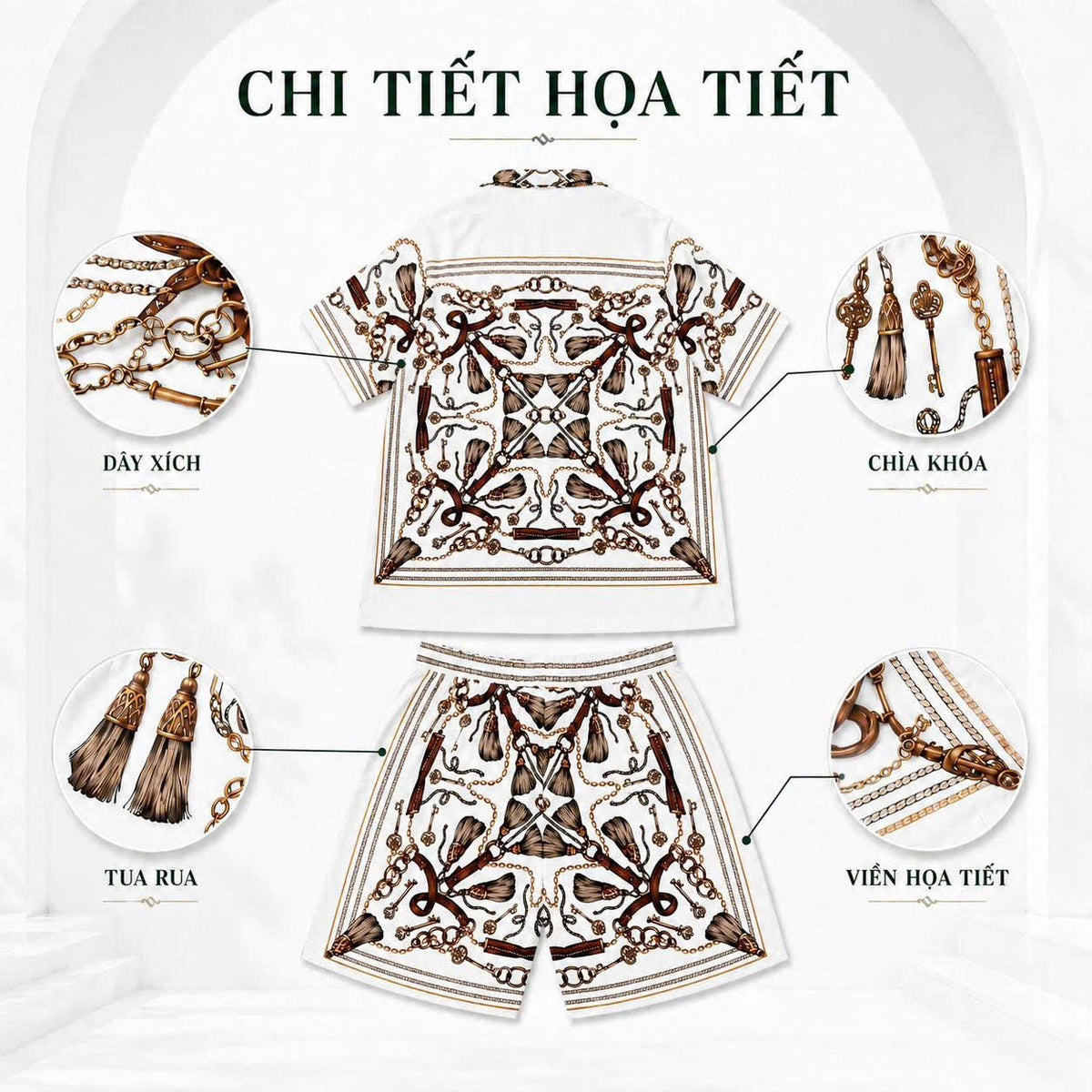 Set Áo Sơ Mi Và Quần Short Lụa Họa Tiết SMRBO-02 BEAVERTEE Form Oversize Unisex Nam Nữ, Thiết Kế Trắng Nâu Họa Tiết Dây Xích Chìa Khóa Cá Tính, Lụa Mềm Mịn Thoáng Mát