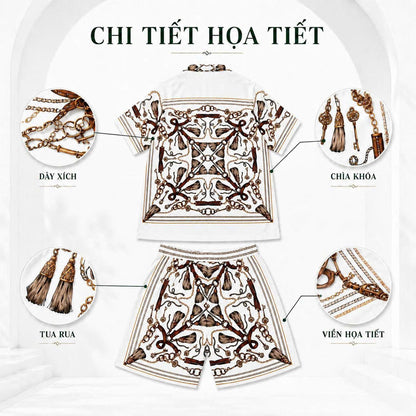 Set Áo Sơ Mi Và Quần Short Lụa Họa Tiết SMRBO-02 BEAVERTEE Form Oversize Unisex Nam Nữ, Thiết Kế Trắng Nâu Họa Tiết Dây Xích Chìa Khóa Cá Tính, Lụa Mềm Mịn Thoáng Mát