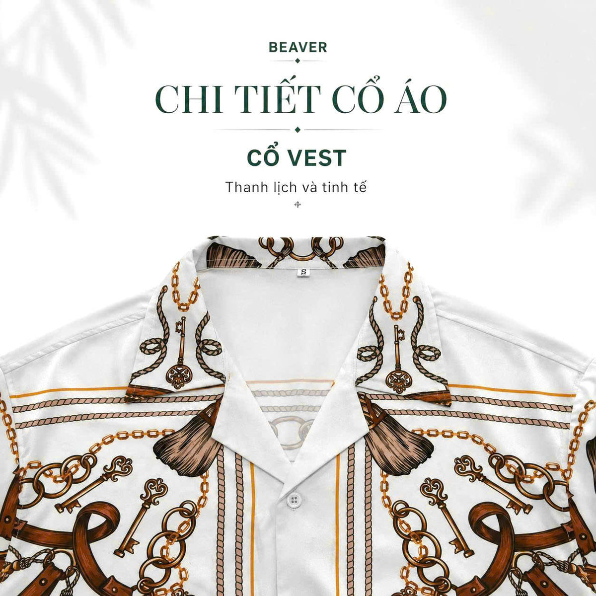Set Áo Sơ Mi Và Quần Short Lụa Họa Tiết SMRBO-02 BEAVERTEE Form Oversize Unisex Nam Nữ, Thiết Kế Trắng Nâu Họa Tiết Dây Xích Chìa Khóa Cá Tính, Lụa Mềm Mịn Thoáng Mát