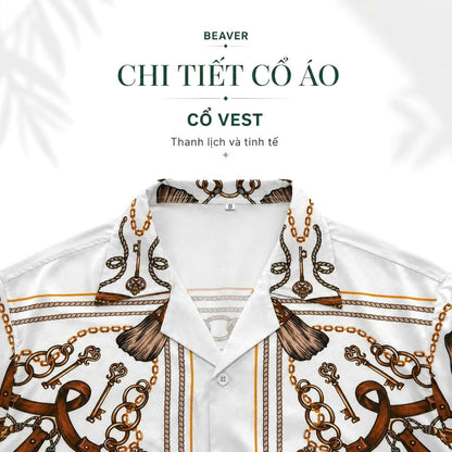 Set Áo Sơ Mi Và Quần Short Lụa Họa Tiết SMRBO-02 BEAVERTEE Form Oversize Unisex Nam Nữ, Thiết Kế Trắng Nâu Họa Tiết Dây Xích Chìa Khóa Cá Tính, Lụa Mềm Mịn Thoáng Mát