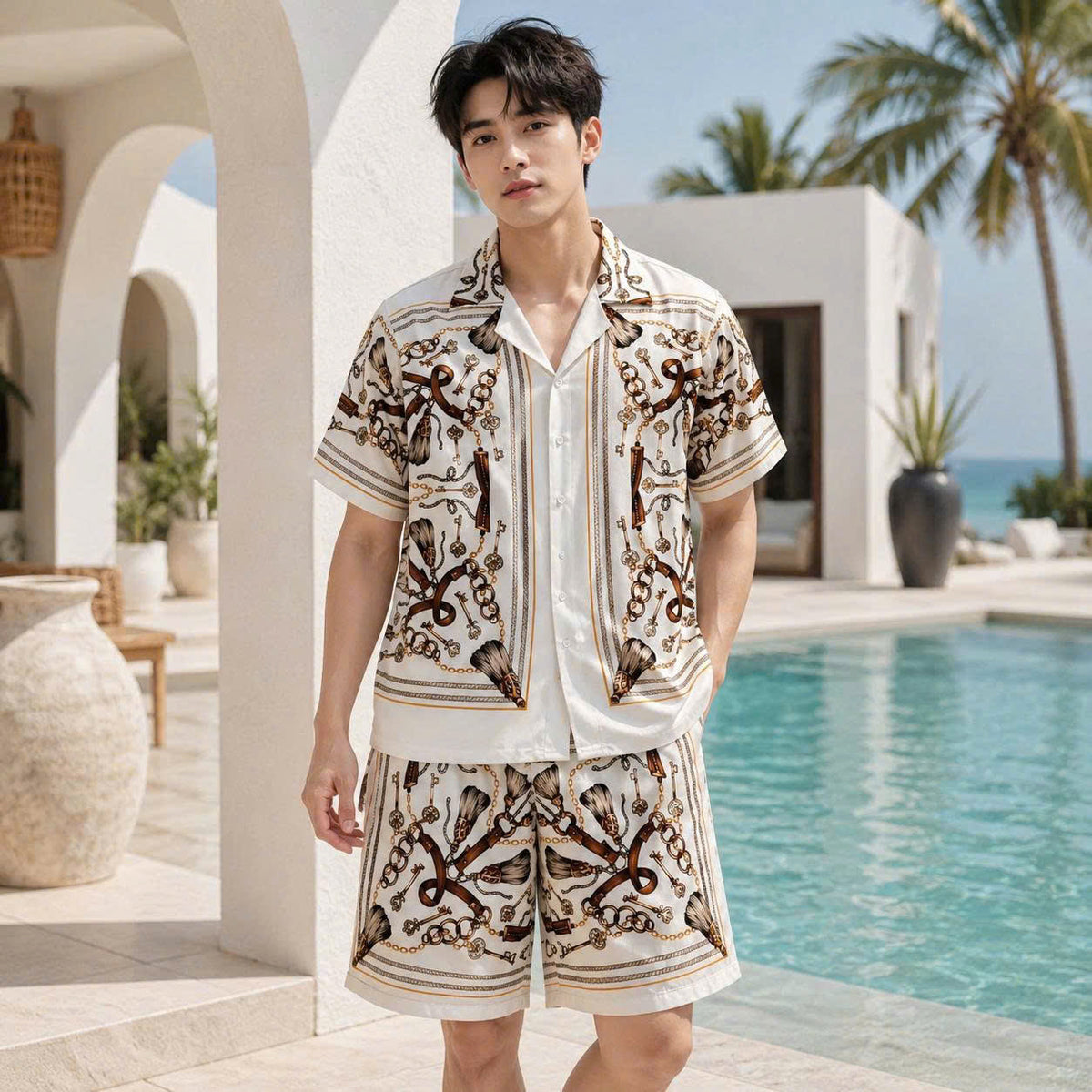 Set Áo Sơ Mi Và Quần Short Lụa Họa Tiết SMRBO-02 BEAVERTEE Form Oversize Unisex Nam Nữ, Thiết Kế Trắng Nâu Họa Tiết Dây Xích Chìa Khóa Cá Tính, Lụa Mềm Mịn Thoáng Mát