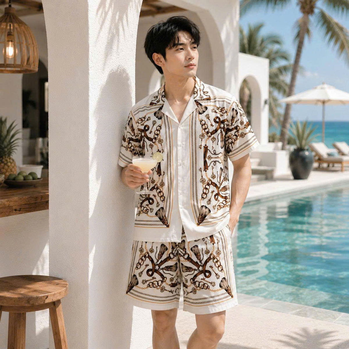 Set Áo Sơ Mi Và Quần Short Lụa Họa Tiết SMRBO-02 BEAVERTEE Form Oversize Unisex Nam Nữ, Thiết Kế Trắng Nâu Họa Tiết Dây Xích Chìa Khóa Cá Tính, Lụa Mềm Mịn Thoáng Mát