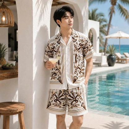 Set Áo Sơ Mi Và Quần Short Lụa Họa Tiết SMRBO-02 BEAVERTEE Form Oversize Unisex Nam Nữ, Thiết Kế Trắng Nâu Họa Tiết Dây Xích Chìa Khóa Cá Tính, Lụa Mềm Mịn Thoáng Mát