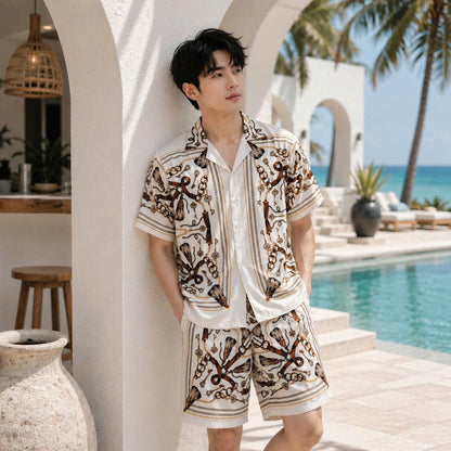 Set Áo Sơ Mi Và Quần Short Lụa Họa Tiết SMRBO-02 BEAVERTEE Form Oversize Unisex Nam Nữ, Thiết Kế Trắng Nâu Họa Tiết Dây Xích Chìa Khóa Cá Tính, Lụa Mềm Mịn Thoáng Mát