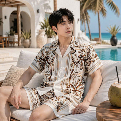 Set Áo Sơ Mi Và Quần Short Lụa Họa Tiết SMRBO-02 BEAVERTEE Form Oversize Unisex Nam Nữ, Thiết Kế Trắng Nâu Họa Tiết Dây Xích Chìa Khóa Cá Tính, Lụa Mềm Mịn Thoáng Mát