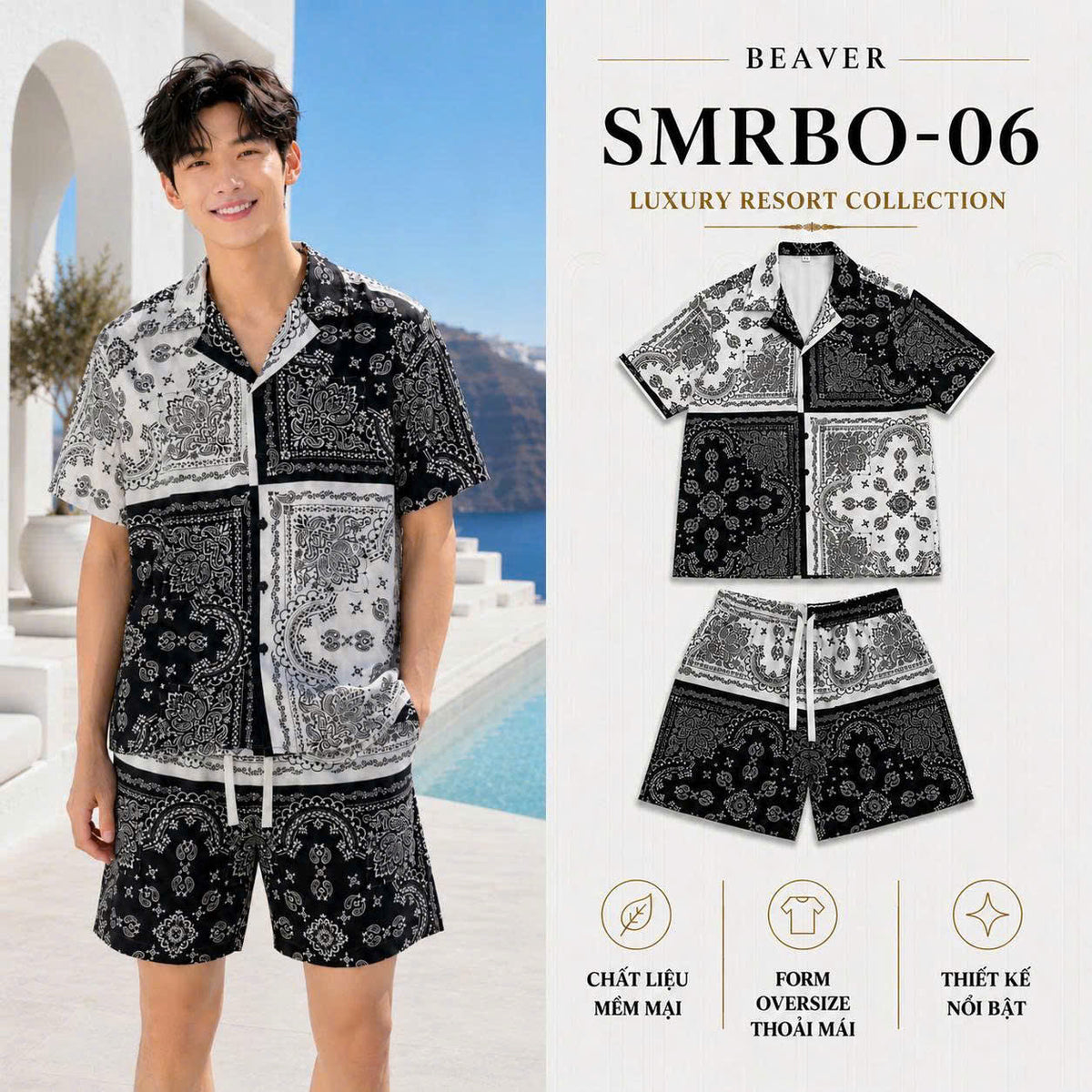 Set Áo Sơ Mi Và Quần Short Lụa Họa Tiết SMRBO-06 BEAVERTEE Form Oversize Unisex Nam Nữ, Thiết Kế Đen Trắng Họa Tiết Bandana Paisley Cá Tính, Lụa Mềm Mịn Nhẹ Thoáng Mát
