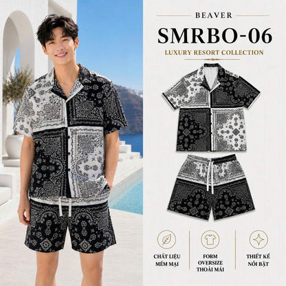 Set Áo Sơ Mi Và Quần Short Lụa Họa Tiết SMRBO-06 BEAVERTEE Form Oversize Unisex Nam Nữ, Thiết Kế Đen Trắng Họa Tiết Bandana Paisley Cá Tính, Lụa Mềm Mịn Nhẹ Thoáng Mát