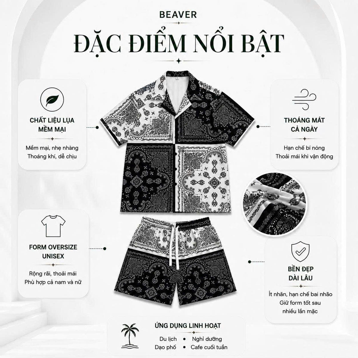 Set Áo Sơ Mi Và Quần Short Lụa Họa Tiết SMRBO-06 BEAVERTEE Form Oversize Unisex Nam Nữ, Thiết Kế Đen Trắng Họa Tiết Bandana Paisley Cá Tính, Lụa Mềm Mịn Nhẹ Thoáng Mát