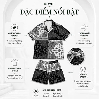 Set Áo Sơ Mi Và Quần Short Lụa Họa Tiết SMRBO-06 BEAVERTEE Form Oversize Unisex Nam Nữ, Thiết Kế Đen Trắng Họa Tiết Bandana Paisley Cá Tính, Lụa Mềm Mịn Nhẹ Thoáng Mát