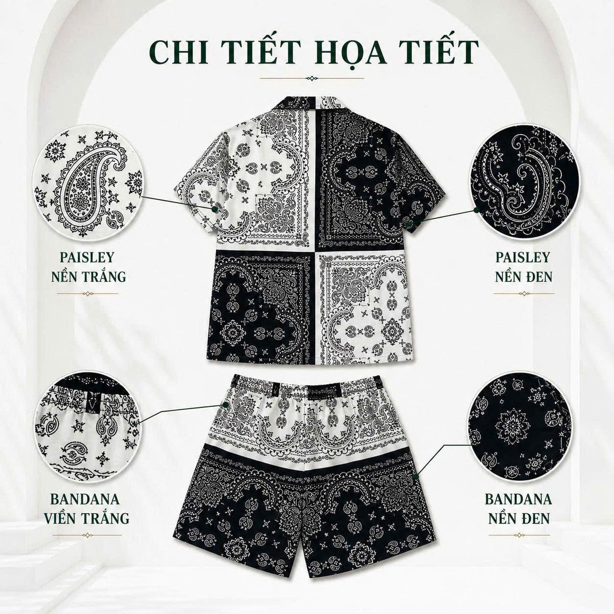 Set Áo Sơ Mi Và Quần Short Lụa Họa Tiết SMRBO-06 BEAVERTEE Form Oversize Unisex Nam Nữ, Thiết Kế Đen Trắng Họa Tiết Bandana Paisley Cá Tính, Lụa Mềm Mịn Nhẹ Thoáng Mát