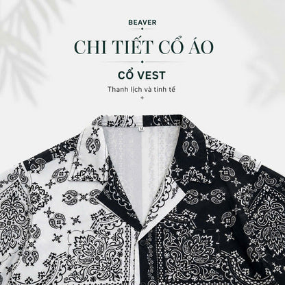 Set Áo Sơ Mi Và Quần Short Lụa Họa Tiết SMRBO-06 BEAVERTEE Form Oversize Unisex Nam Nữ, Thiết Kế Đen Trắng Họa Tiết Bandana Paisley Cá Tính, Lụa Mềm Mịn Nhẹ Thoáng Mát