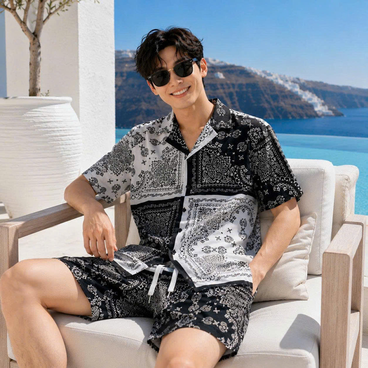 Set Áo Sơ Mi Và Quần Short Lụa Họa Tiết SMRBO-06 BEAVERTEE Form Oversize Unisex Nam Nữ, Thiết Kế Đen Trắng Họa Tiết Bandana Paisley Cá Tính, Lụa Mềm Mịn Nhẹ Thoáng Mát