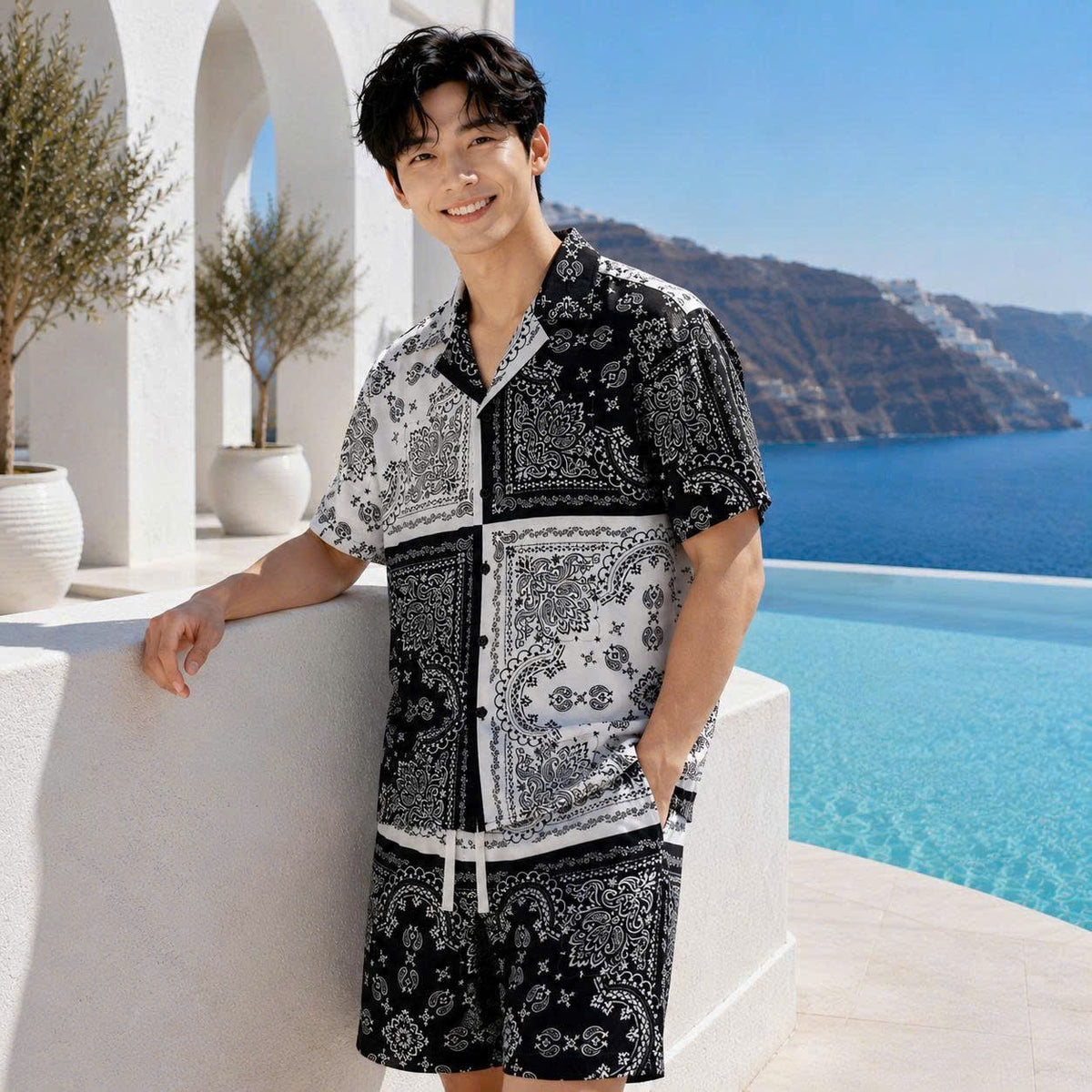 Set Áo Sơ Mi Và Quần Short Lụa Họa Tiết SMRBO-06 BEAVERTEE Form Oversize Unisex Nam Nữ, Thiết Kế Đen Trắng Họa Tiết Bandana Paisley Cá Tính, Lụa Mềm Mịn Nhẹ Thoáng Mát