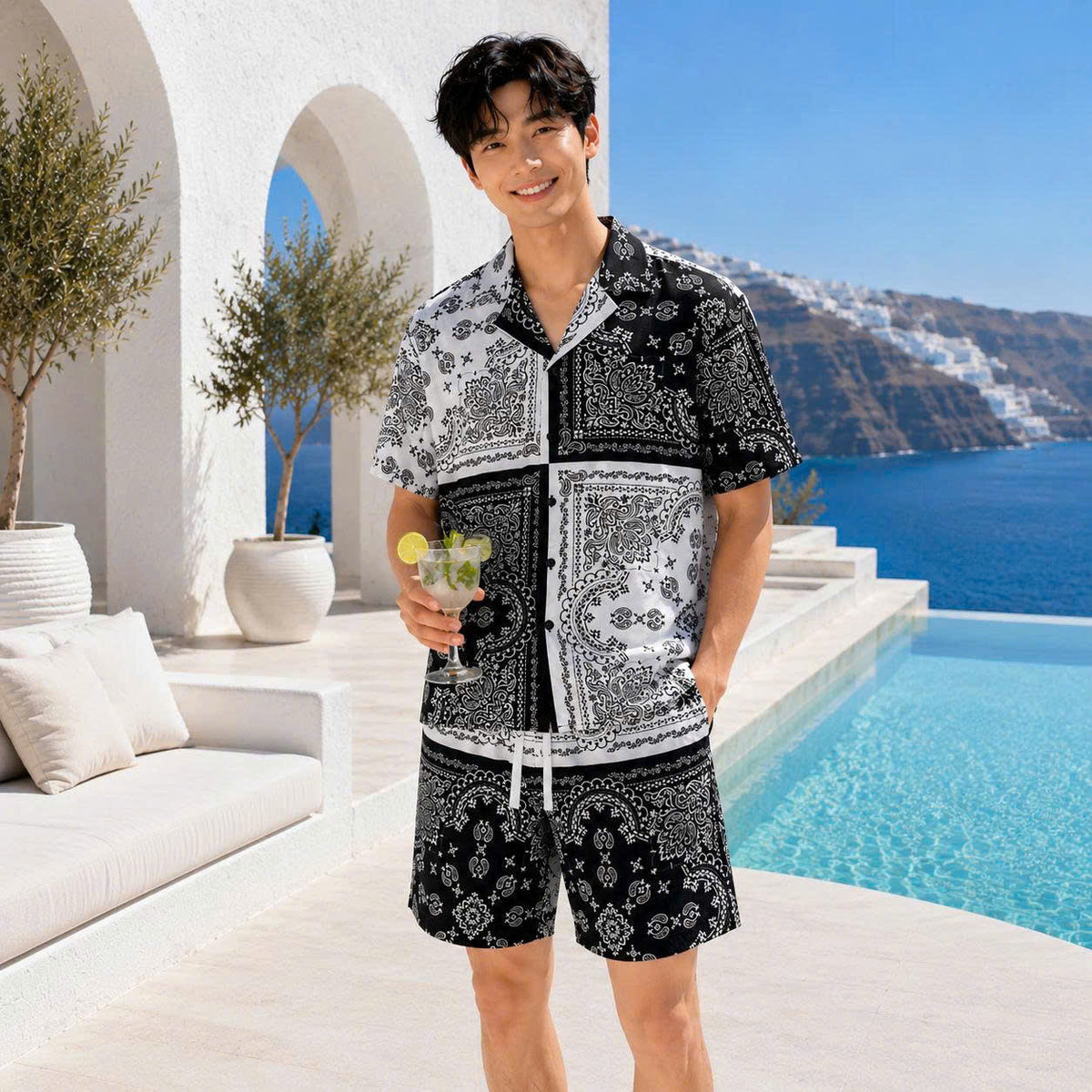Set Áo Sơ Mi Và Quần Short Lụa Họa Tiết SMRBO-06 BEAVERTEE Form Oversize Unisex Nam Nữ, Thiết Kế Đen Trắng Họa Tiết Bandana Paisley Cá Tính, Lụa Mềm Mịn Nhẹ Thoáng Mát