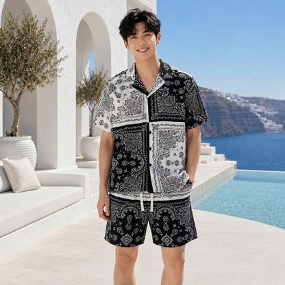 Set Áo Sơ Mi Và Quần Short Lụa Họa Tiết SMRBO-06 BEAVERTEE Form Oversize Unisex Nam Nữ, Thiết Kế Đen Trắng Họa Tiết Bandana Paisley Cá Tính, Lụa Mềm Mịn Nhẹ Thoáng Mát