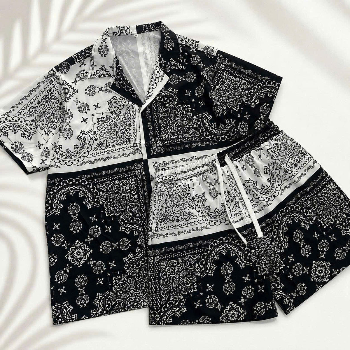 Set Áo Sơ Mi Và Quần Short Lụa Họa Tiết SMRBO-06 BEAVERTEE Form Oversize Unisex Nam Nữ, Thiết Kế Đen Trắng Họa Tiết Bandana Paisley Cá Tính, Lụa Mềm Mịn Nhẹ Thoáng Mát