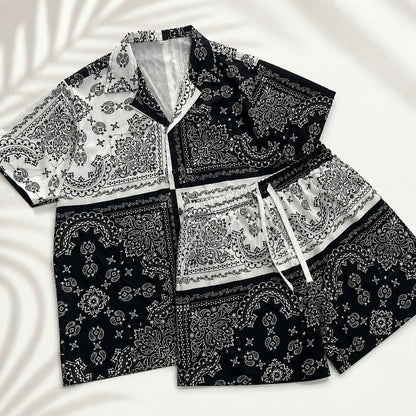 Set Áo Sơ Mi Và Quần Short Lụa Họa Tiết SMRBO-06 BEAVERTEE Form Oversize Unisex Nam Nữ, Thiết Kế Đen Trắng Họa Tiết Bandana Paisley Cá Tính, Lụa Mềm Mịn Nhẹ Thoáng Mát