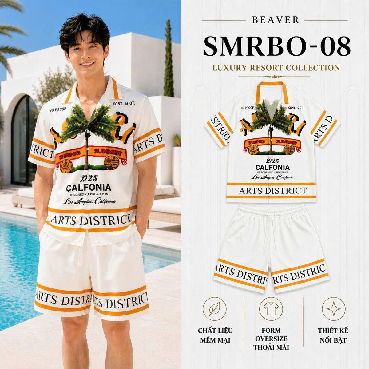 Set Áo Sơ Mi Và Quần Short Lụa Họa Tiết SMRBO-08 BEAVERTEE Form Oversize Unisex Nam Nữ, Thiết Kế Trắng Cam Graphic California Summer Arts District Cây Dừa Nổi Bật, Lụa Mềm Mịn Nhẹ Thoáng Mát