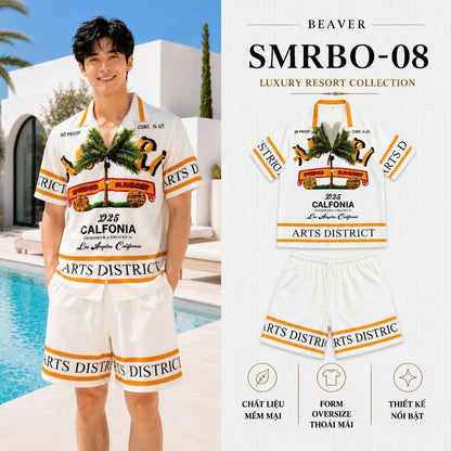 Set Áo Sơ Mi Và Quần Short Lụa Họa Tiết SMRBO-08 BEAVERTEE Form Oversize Unisex Nam Nữ, Thiết Kế Trắng Cam Graphic California Summer Arts District Cây Dừa Nổi Bật, Lụa Mềm Mịn Nhẹ Thoáng Mát