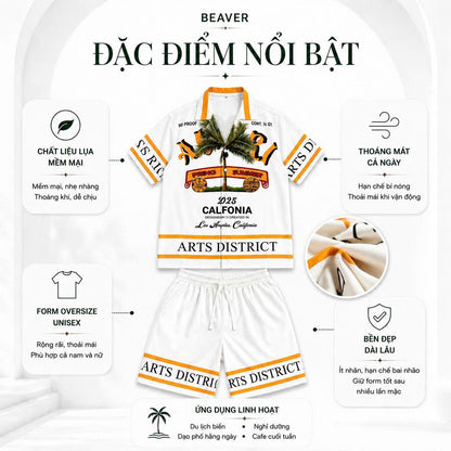 Set Áo Sơ Mi Và Quần Short Lụa Họa Tiết SMRBO-08 BEAVERTEE Form Oversize Unisex Nam Nữ, Thiết Kế Trắng Cam Graphic California Summer Arts District Cây Dừa Nổi Bật, Lụa Mềm Mịn Nhẹ Thoáng Mát