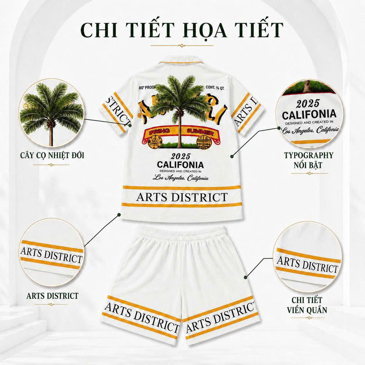 Set Áo Sơ Mi Và Quần Short Lụa Họa Tiết SMRBO-08 BEAVERTEE Form Oversize Unisex Nam Nữ, Thiết Kế Trắng Cam Graphic California Summer Arts District Cây Dừa Nổi Bật, Lụa Mềm Mịn Nhẹ Thoáng Mát