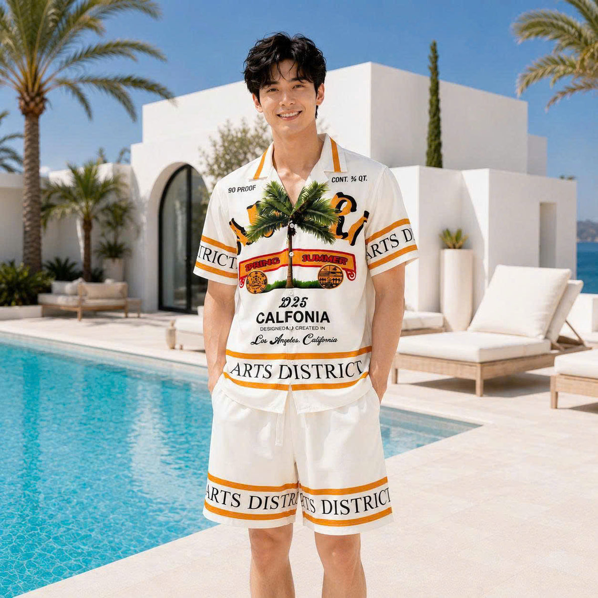 Set Áo Sơ Mi Và Quần Short Lụa Họa Tiết SMRBO-08 BEAVERTEE Form Oversize Unisex Nam Nữ, Thiết Kế Trắng Cam Graphic California Summer Arts District Cây Dừa Nổi Bật, Lụa Mềm Mịn Nhẹ Thoáng Mát