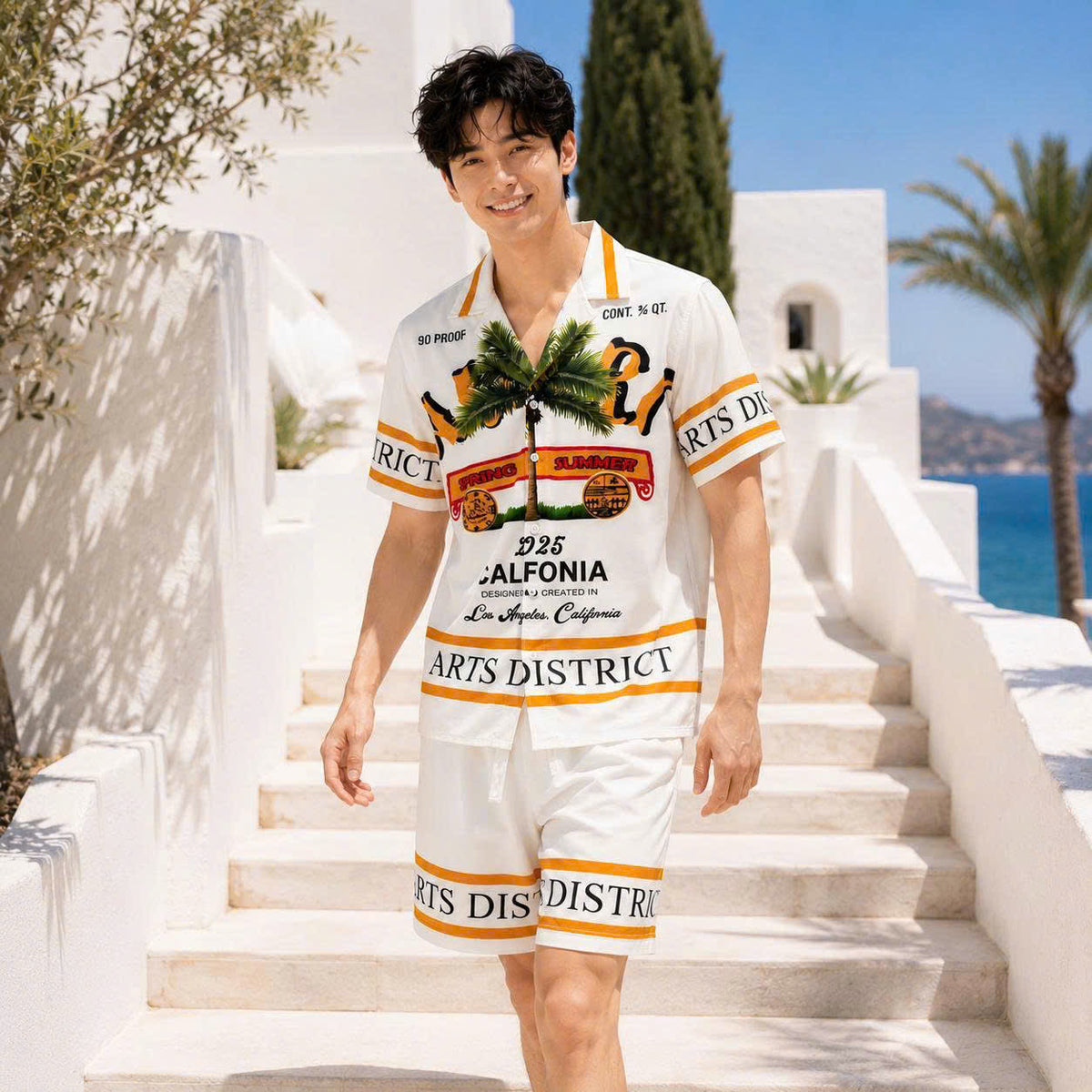 Set Áo Sơ Mi Và Quần Short Lụa Họa Tiết SMRBO-08 BEAVERTEE Form Oversize Unisex Nam Nữ, Thiết Kế Trắng Cam Graphic California Summer Arts District Cây Dừa Nổi Bật, Lụa Mềm Mịn Nhẹ Thoáng Mát