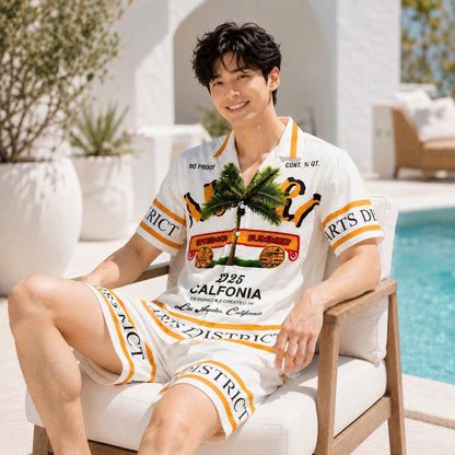 Set Áo Sơ Mi Và Quần Short Lụa Họa Tiết SMRBO-08 BEAVERTEE Form Oversize Unisex Nam Nữ, Thiết Kế Trắng Cam Graphic California Summer Arts District Cây Dừa Nổi Bật, Lụa Mềm Mịn Nhẹ Thoáng Mát